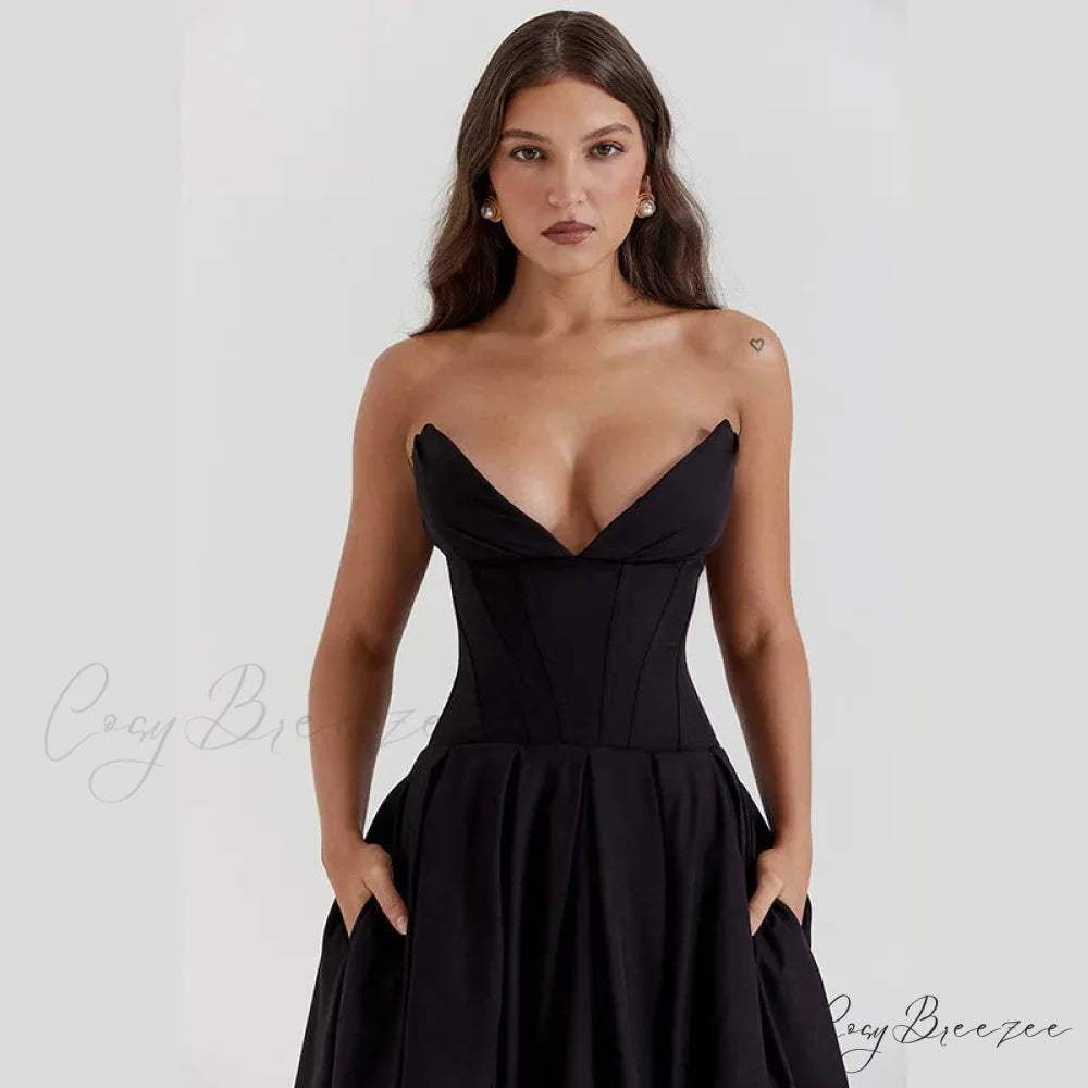 Black Deep Neck Charming Strapless Frill Midi Dress