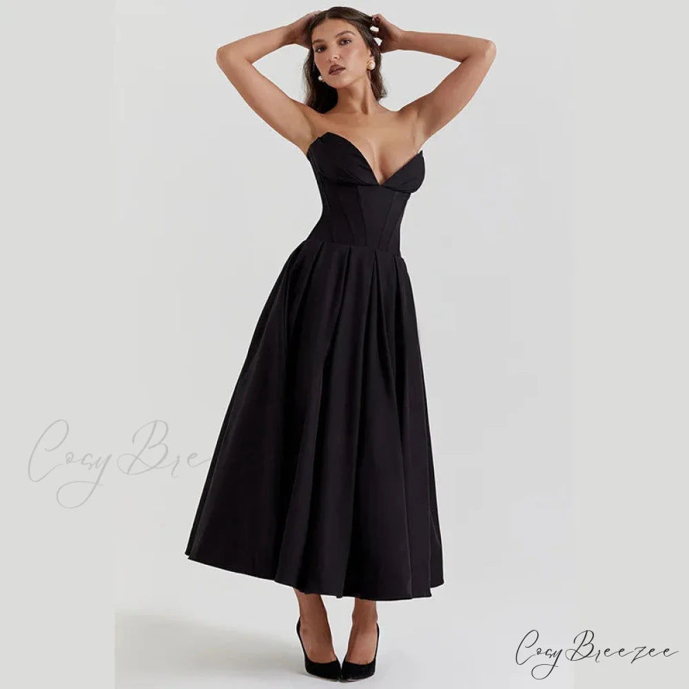 Black Deep Neck Charming Strapless Frill Midi Dress
