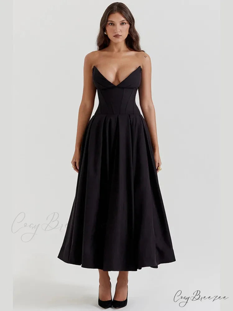Black Deep Neck Charming Strapless Frill Midi Dress