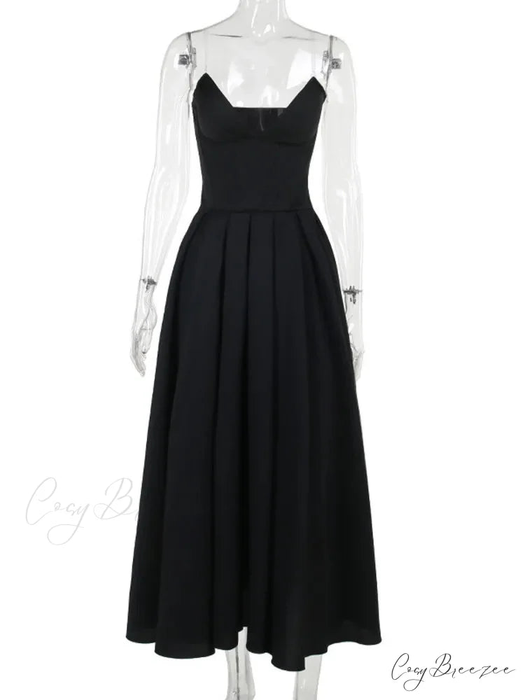 Black Deep Neck Charming Strapless Frill Midi Dress Black / S