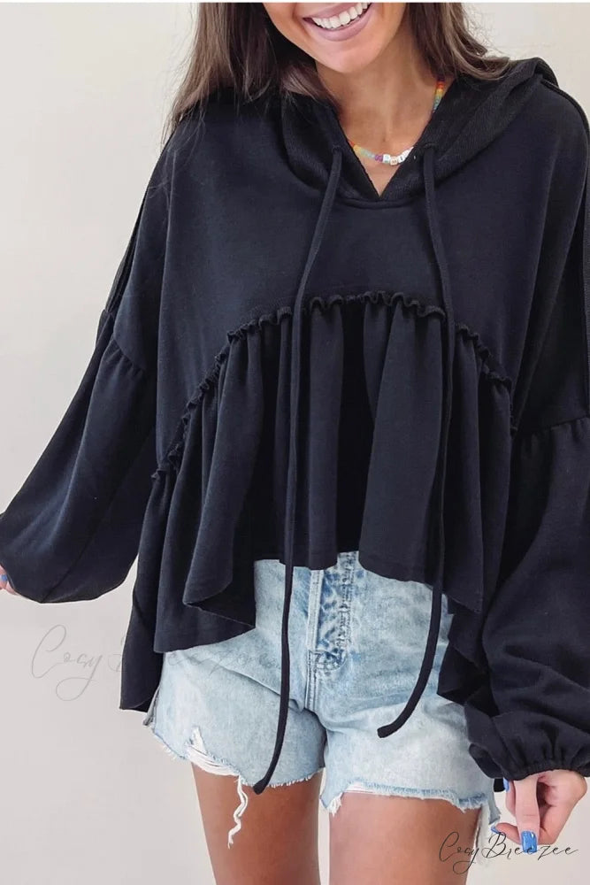 Black Drop Ruffled Oversized High Low Hem Shoulder Hoodie