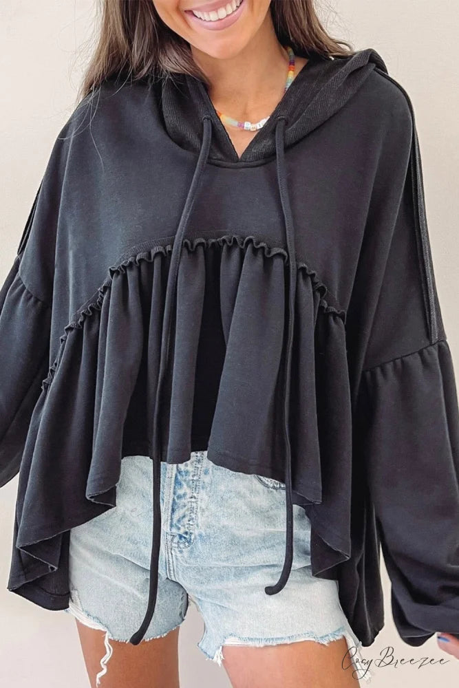 Black Drop Ruffled Oversized High Low Hem Shoulder Hoodie