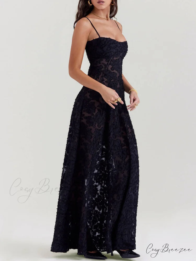 Black Floral Lace Charming Back Maxi Dress