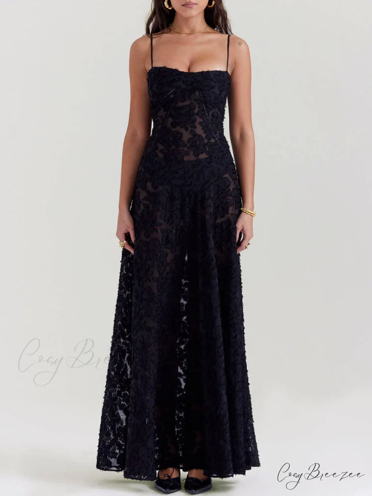 Black Floral Lace Charming Back Maxi Dress Black / S