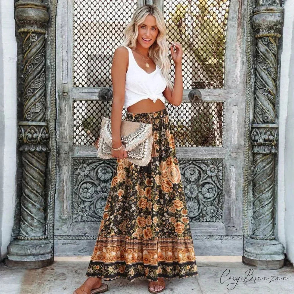 Black Floral Print Pleated Bohemian Skirt Elastic Waist A-Line Rayon Maxi Black / S skirt-250126