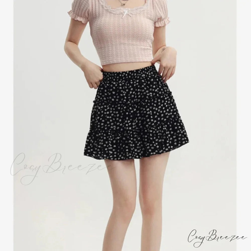 Black Floral Sweet Pleated Kawaii Patchwork Skirt