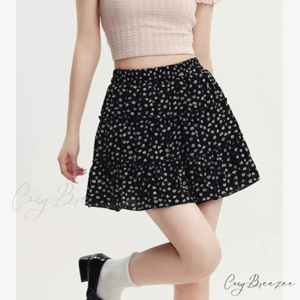 Black Floral Sweet Pleated Kawaii Patchwork Skirt
