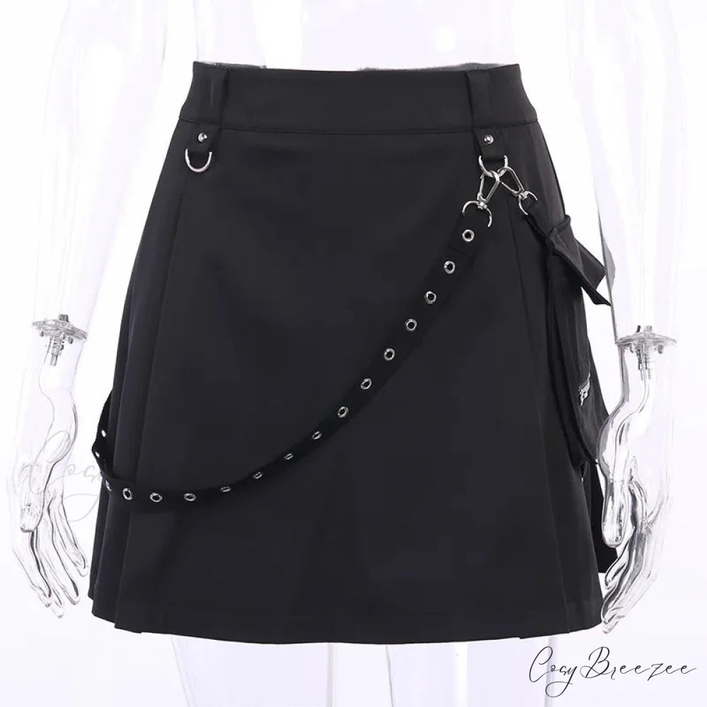 Black Functional Irregular Pleated A-line High Waist Tooling Waist Chain Gothic Harajuku Y2k Goth Skirt BLACK / S