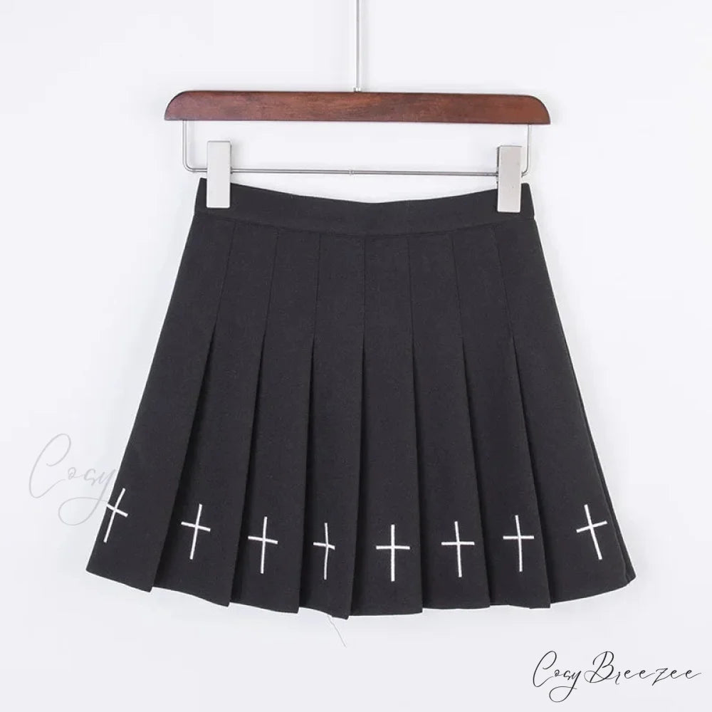Black High Waist Pleated Vintage Gothic Streetwear Cross Print Skirt BLACK / S