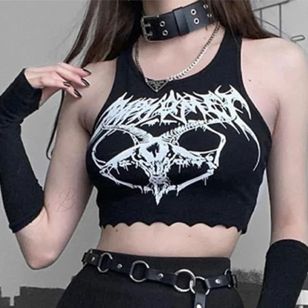 Black Knitted Grunge Punk Goth Goat Head Print Summer Sexy Sleeveless O-neck Crop Top Black / S