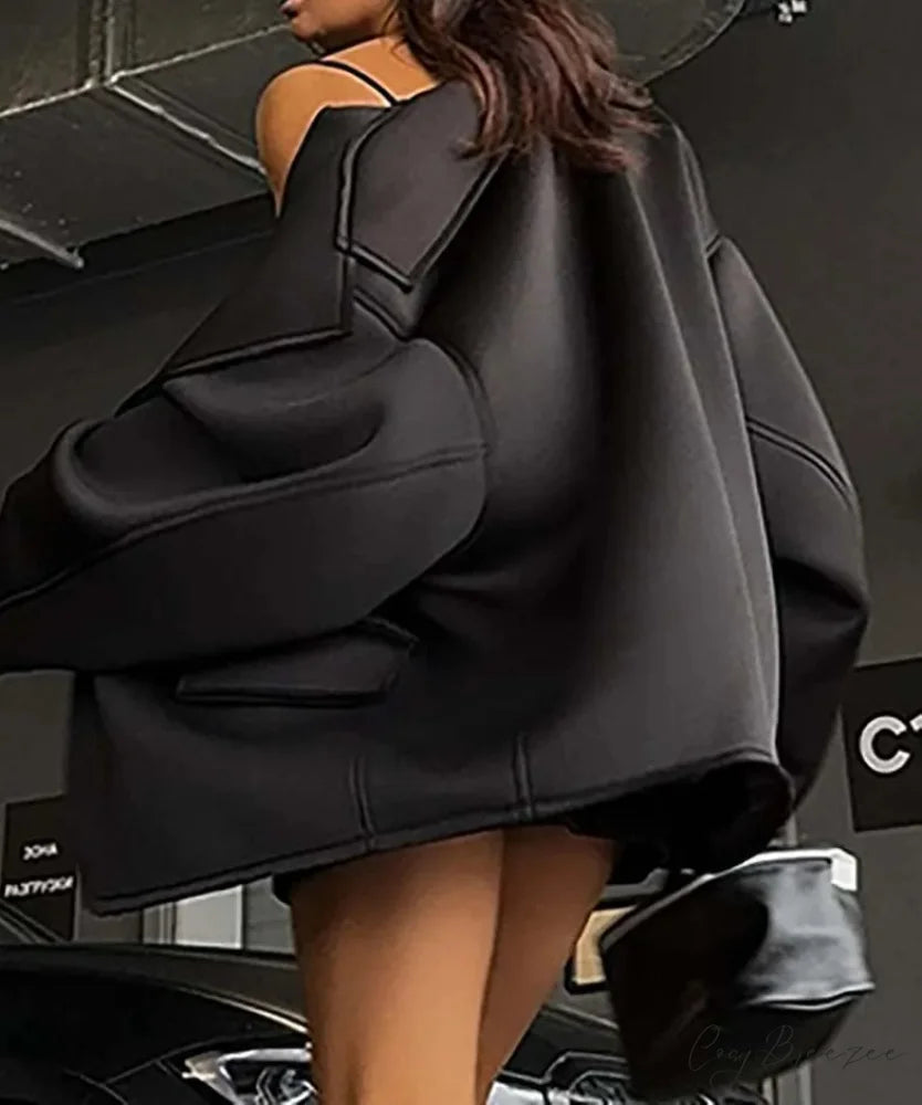 Black Knitting Loose Pockets Shorts Office Set officetwopieceset-250223