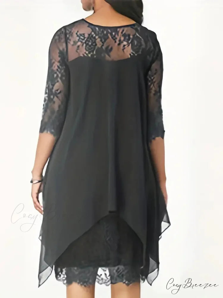 Black Lace Crew Neck Summer Dress with 3/4 Sleeves