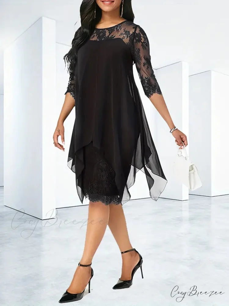 Black Lace Crew Neck Summer Dress with 3/4 Sleeves