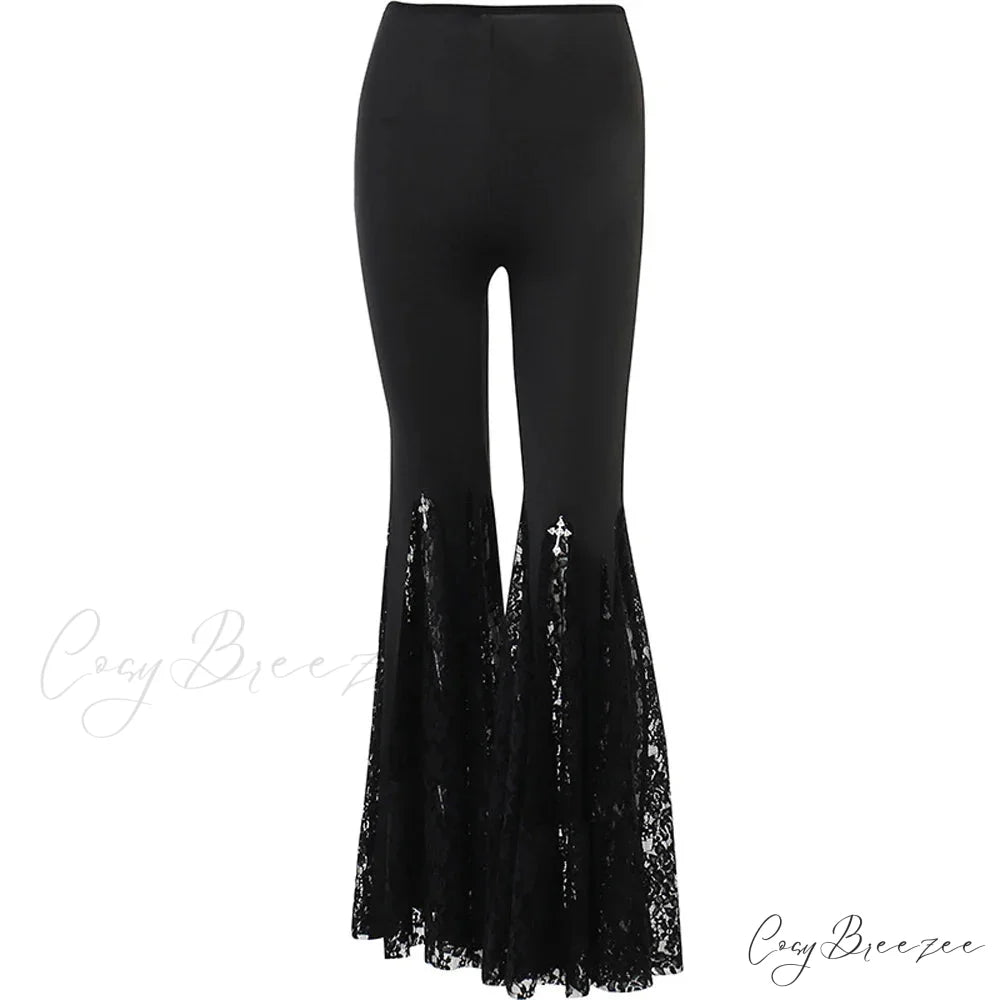 Black Lace Flared Halloween Pants Black / S