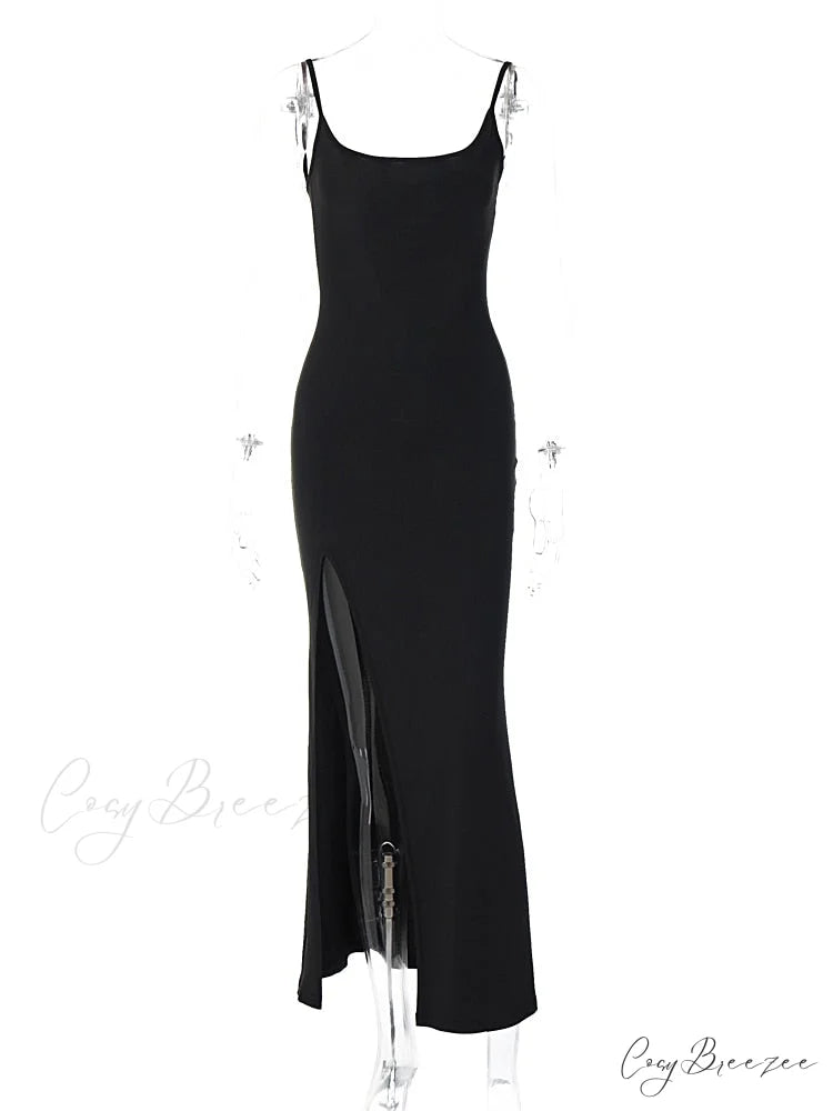 Black Lace Patchwork Charming Maxi Slit Dress