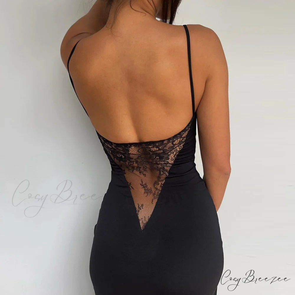 Black Lace Patchwork Charming Maxi Slit Dress