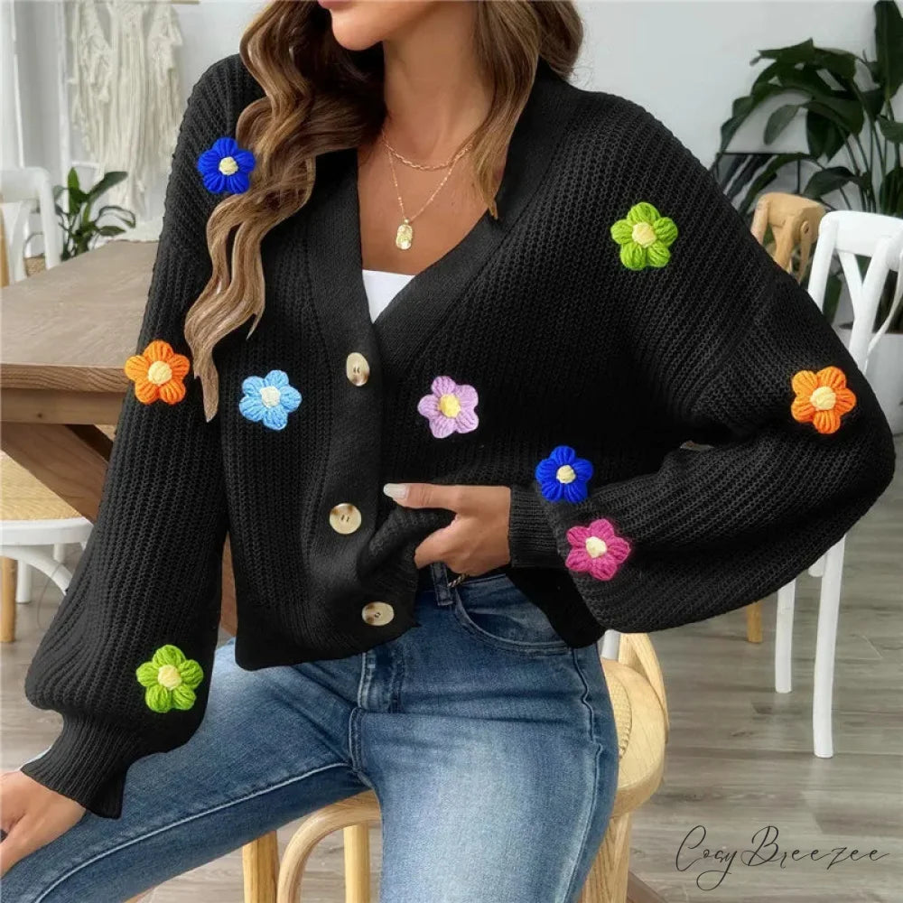 Black Lantern Sleeve Flower Button-Up Knitted Cardigan Black / S cardiagn-250126