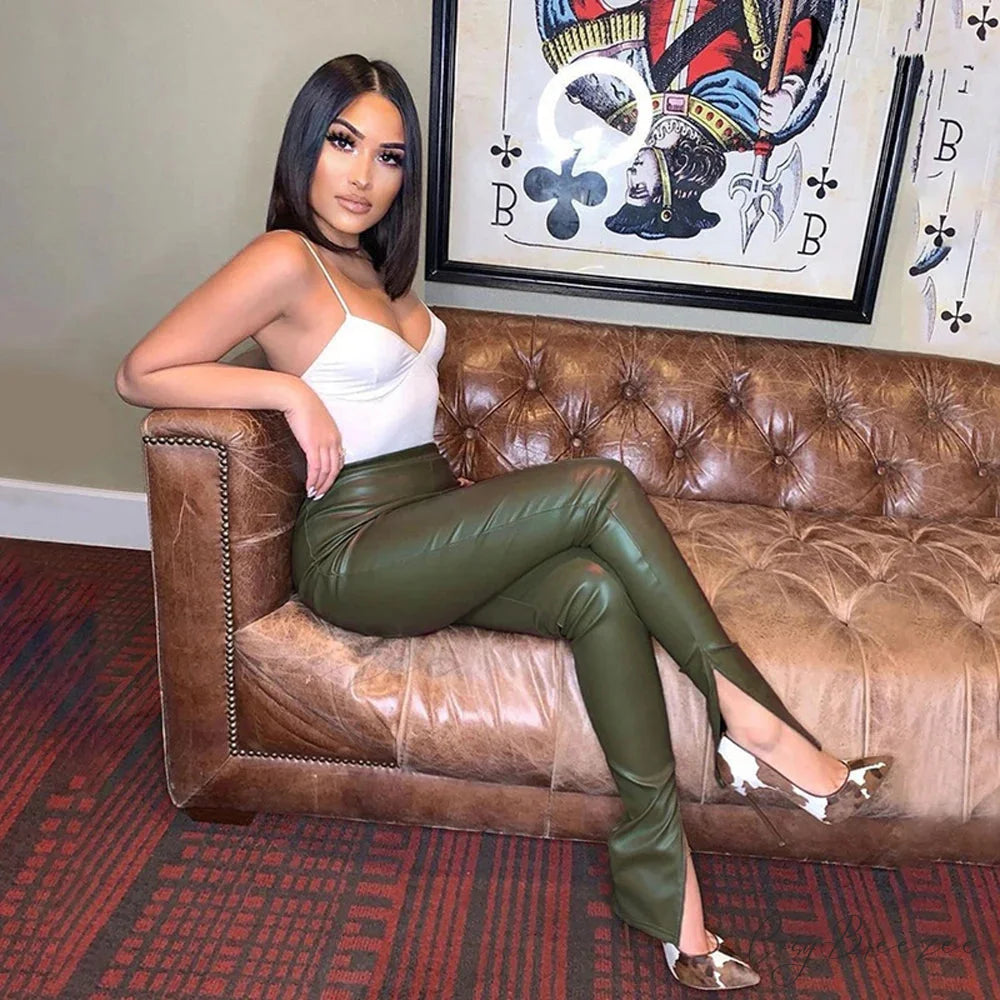 Black Leather Look Petite Faux Leather Leggings Lift Compression Pants Green / S