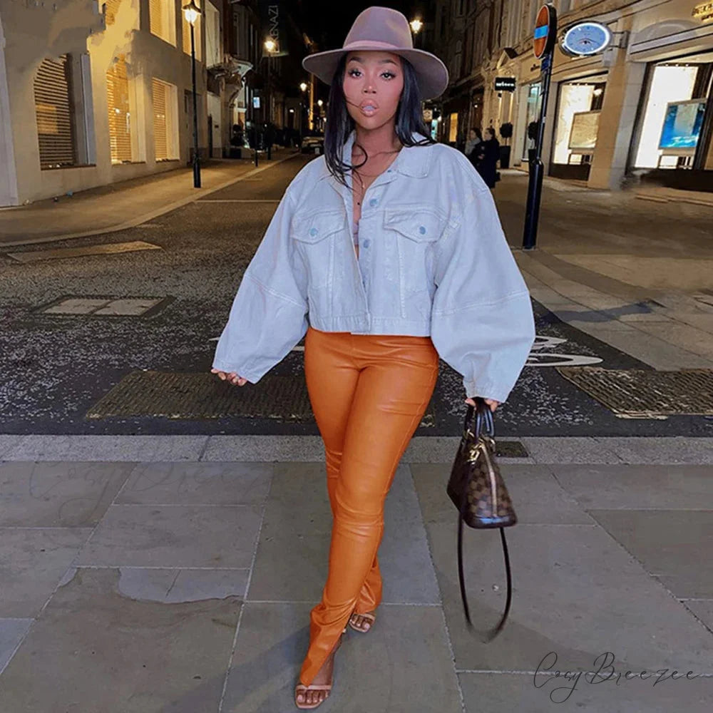 Black Leather Look Petite Faux Leather Leggings Lift Compression Pants Orange / S