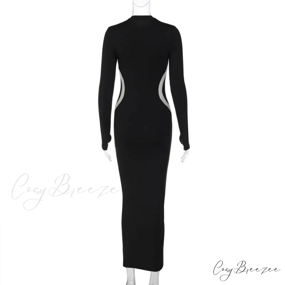 Black Long Sleeve Charming Contrast Strap Maxi Dress