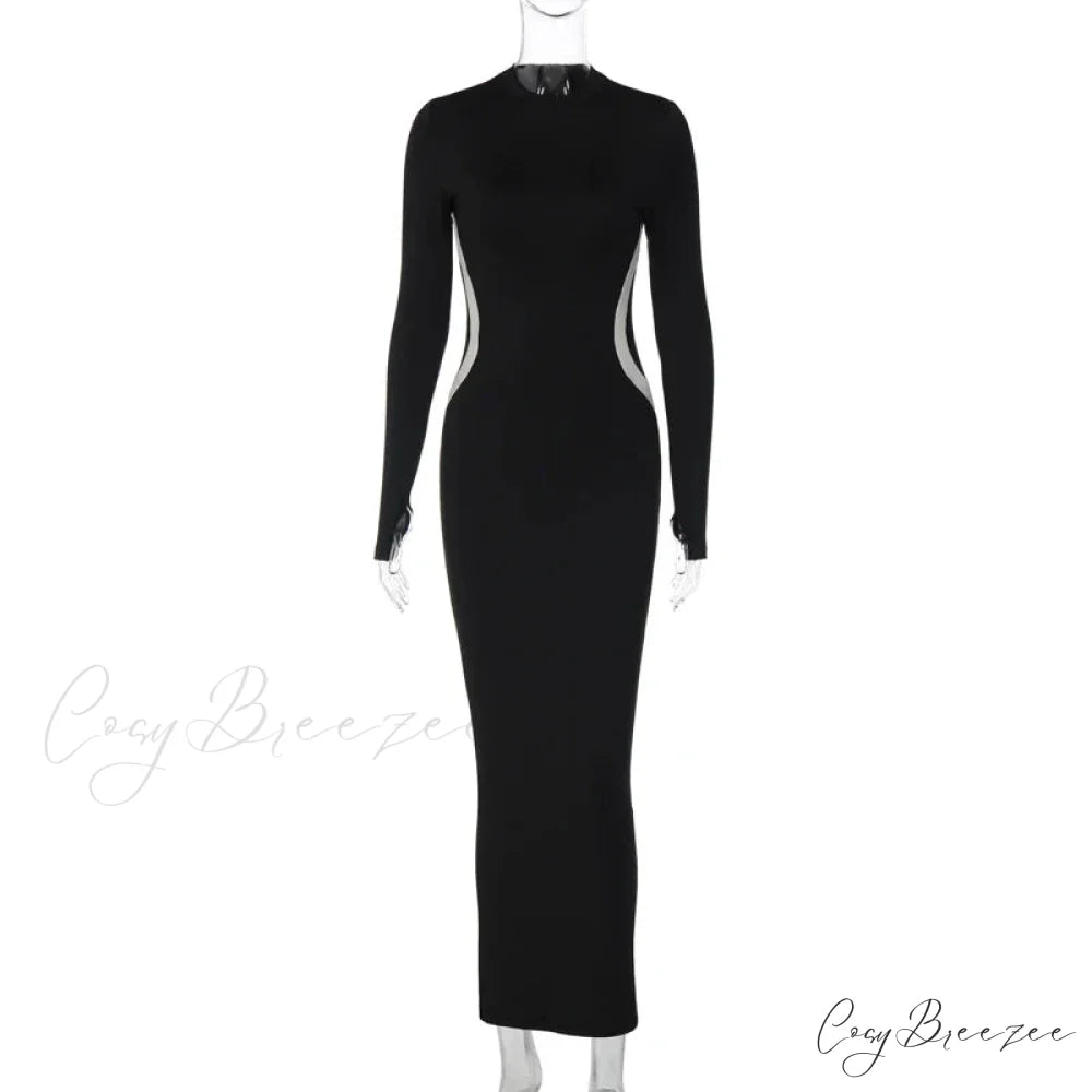 Black Long Sleeve Charming Contrast Strap Maxi Dress