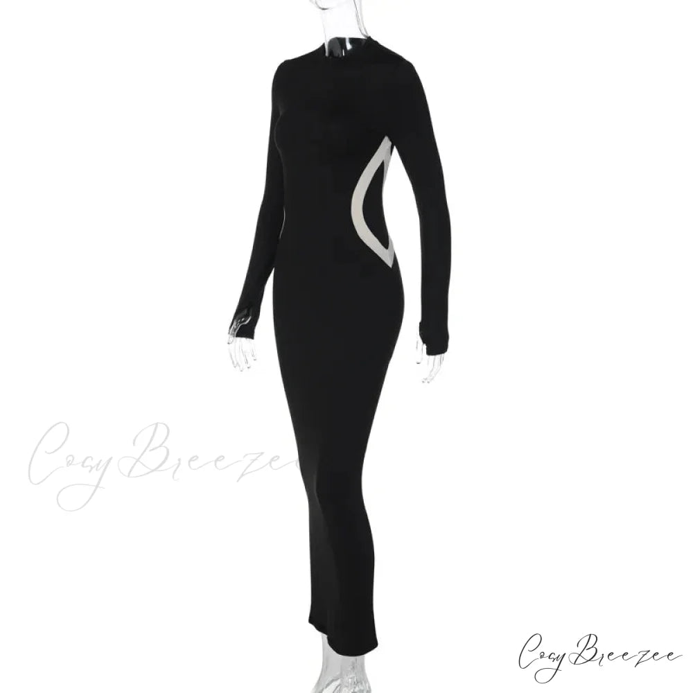 Black Long Sleeve Charming Contrast Strap Maxi Dress