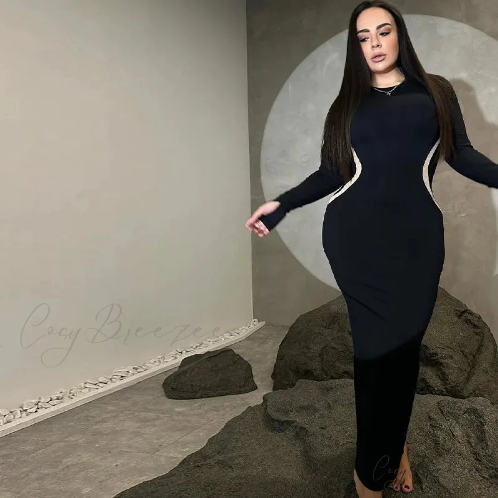 Black Long Sleeve Charming Contrast Strap Maxi Dress