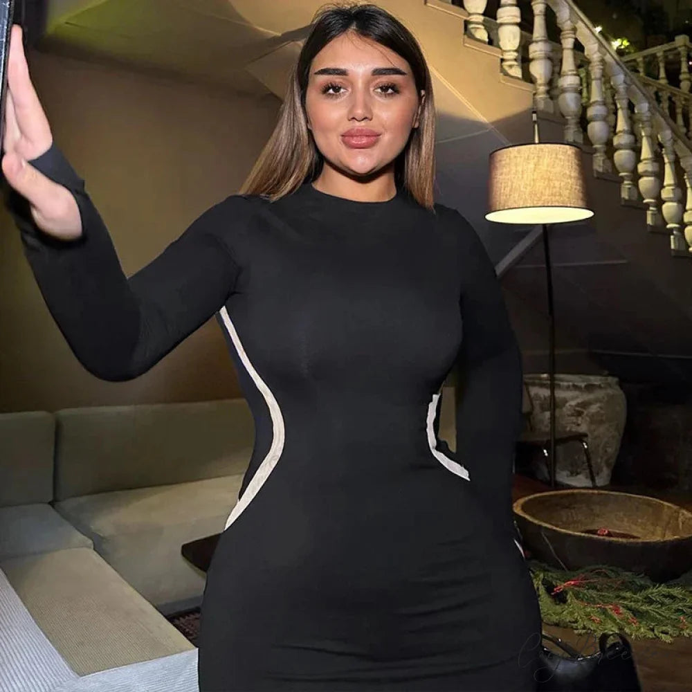 Black Long Sleeve Charming Contrast Strap Maxi Dress black / S