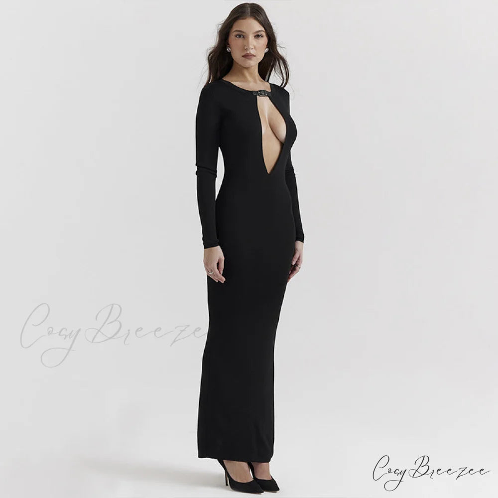 Black Long SLeeve Hollow Graceful Cut Out Midi Dress