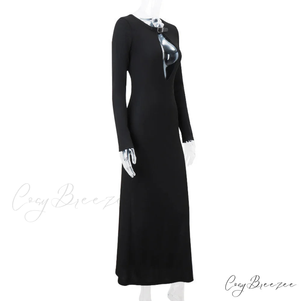 Black Long SLeeve Hollow Graceful Cut Out Midi Dress