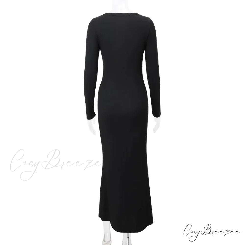 Black Long SLeeve Hollow Graceful Cut Out Midi Dress
