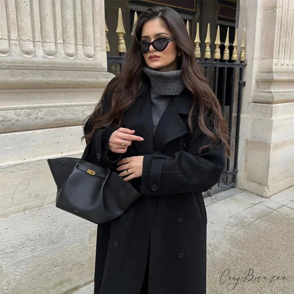 Black Loose Lapel Double-Breasted Coat Black long coat / S overcoats-241228