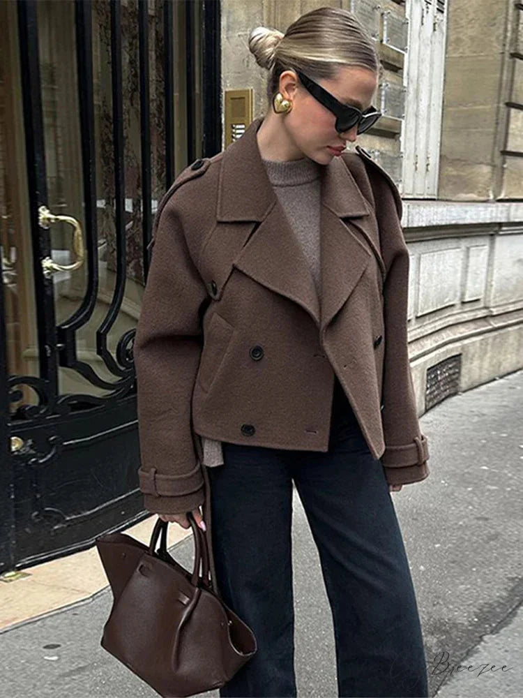 Black Loose Lapel Double-Breasted Coat short coat / S overcoats-241228