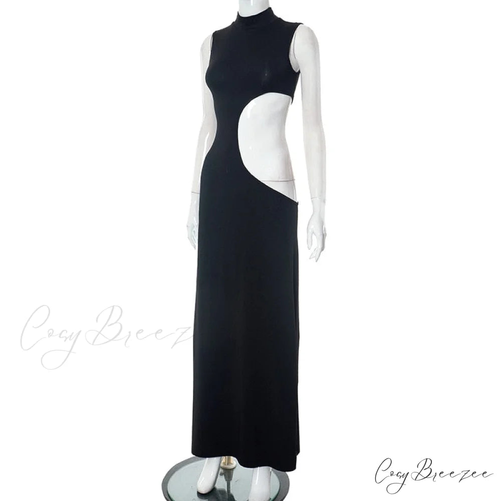 Black Mock Neck Tank Graceful Side Cut Out Maxi Dress
