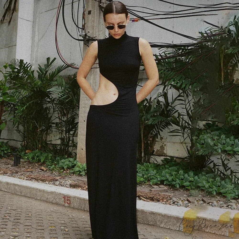 Black Mock Neck Tank Graceful Side Cut Out Maxi Dress black / L