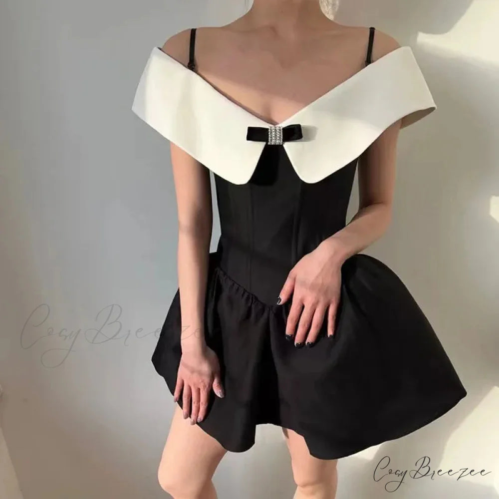 Black Off-Shoulder Contrast Charming Collar Mini Dress