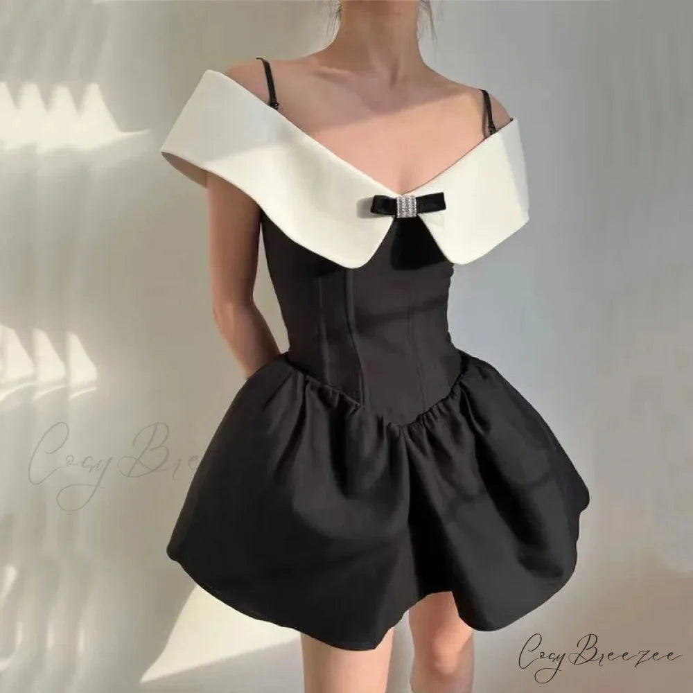 Black Off-Shoulder Contrast Charming Collar Mini Dress