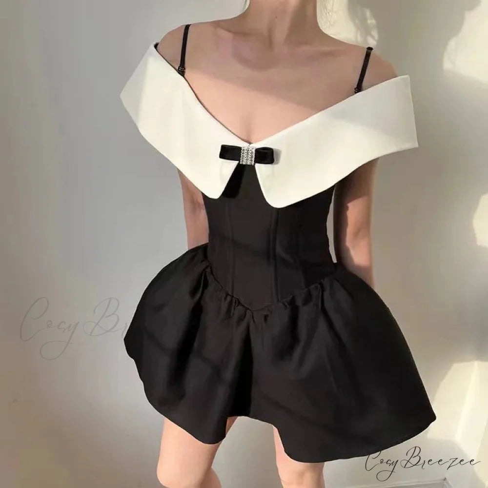 Black Off-Shoulder Contrast Charming Collar Mini Dress