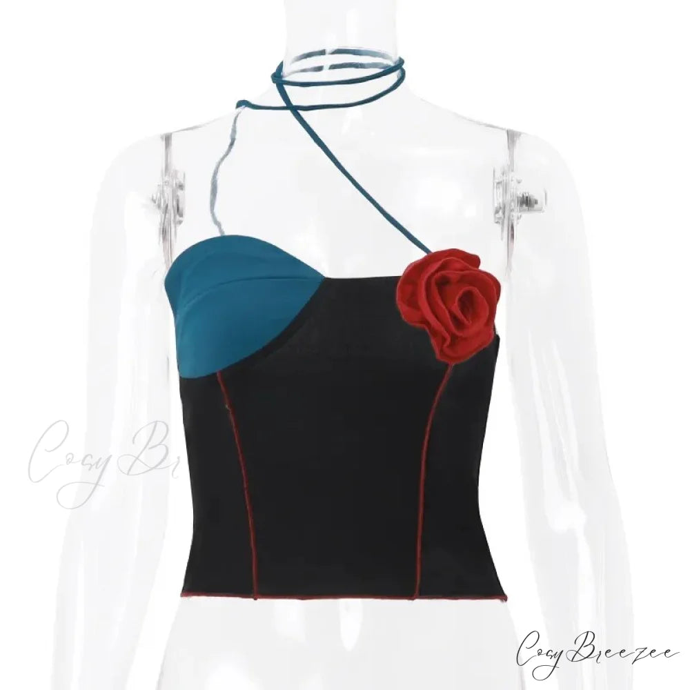 Black Patchwork Flower Charming Applique Tie Around Top