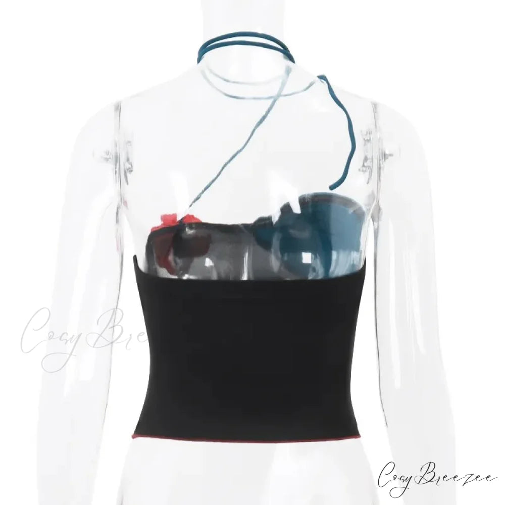 Black Patchwork Flower Charming Applique Tie Around Top