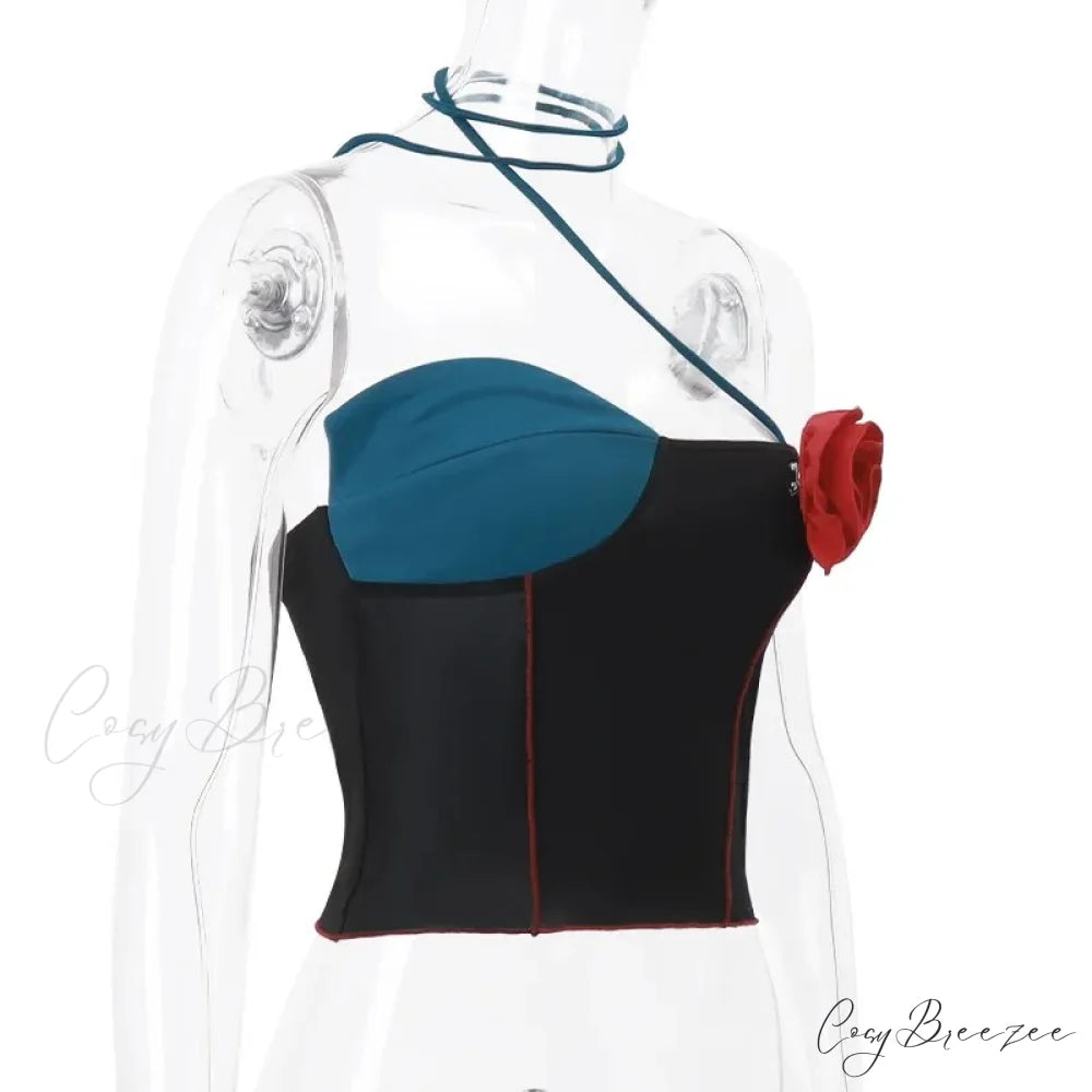 Black Patchwork Flower Charming Applique Tie Around Top