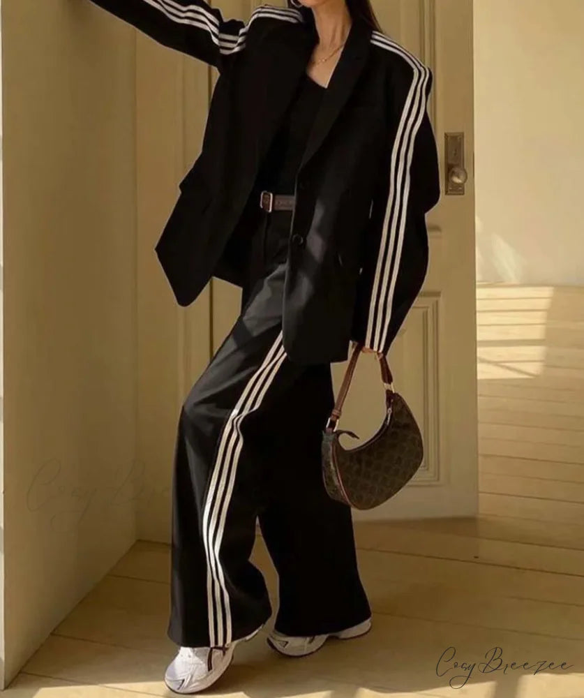 Black Patchwork High Waist Trousers Office Set officetwopieceset-250223
