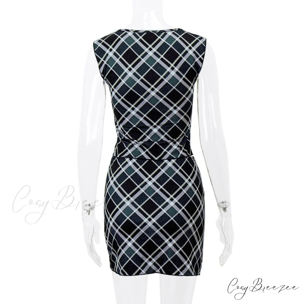 Black Plaid Slit Top Graceful And Mini Skirt Set