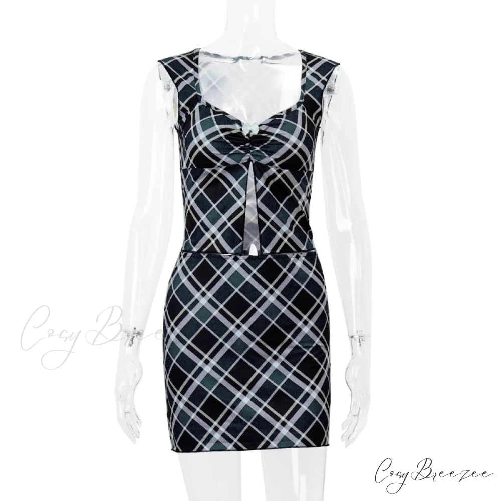 Black Plaid Slit Top Graceful And Mini Skirt Set