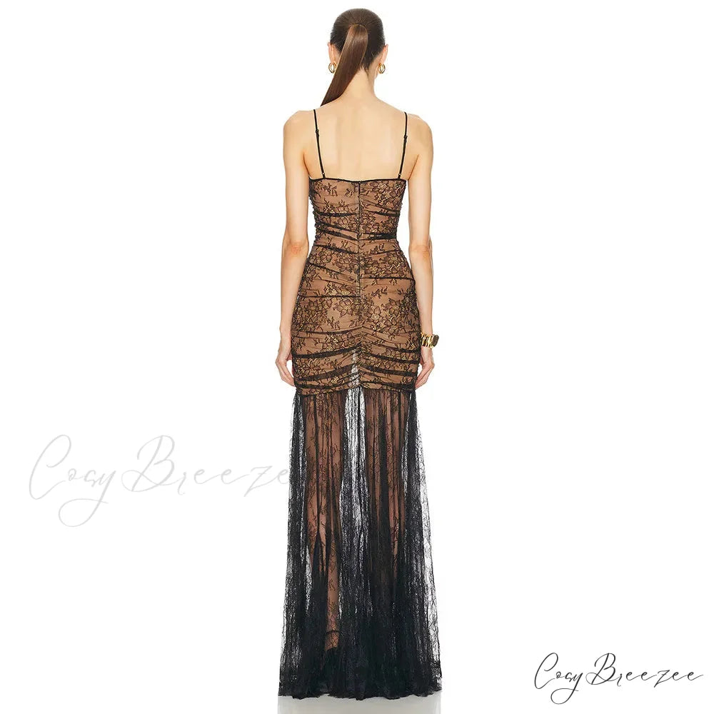 Black Pleated Lace Halter Party Dress