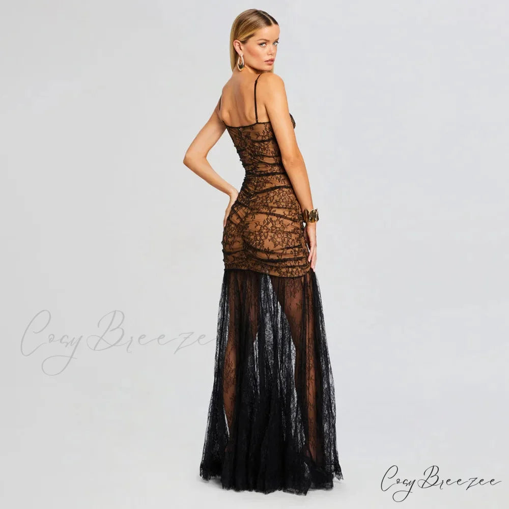 Black Pleated Lace Halter Party Dress