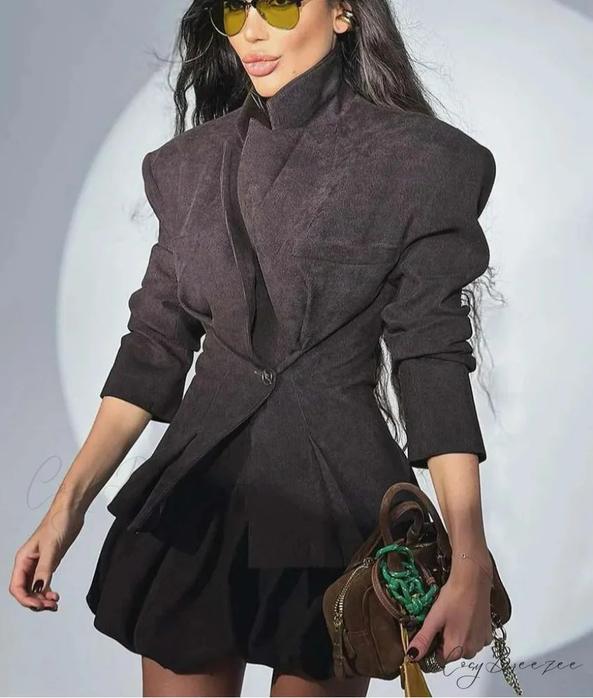 Black Pockets Single Button Pleated Office Set officetwopieceset-250223