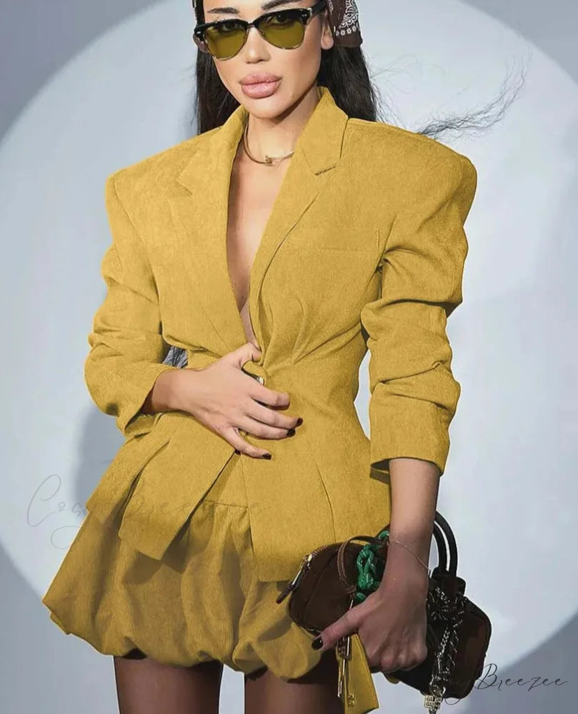 Black Pockets Single Button Pleated Office Set Yellow / S officetwopieceset-250223