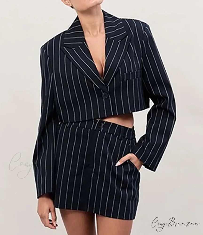 Black Print Crop Shirt Mini Office Set officetwopieceset-250223