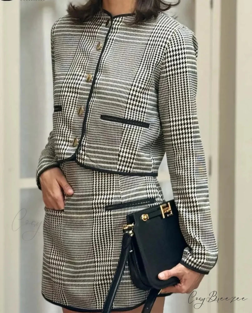 Black Print O-Neck Pockets Mini Office Set officetwopieceset-250223